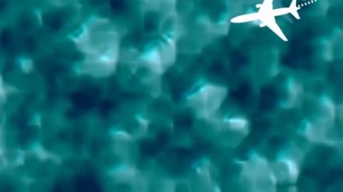 Okyanus yüzeyinde uçan beyaz bir uçak. Sakin mavi denizin üzerinden geçen uçaklar. Yaz tatili konsepti, uçak uçuş görüntüsü videosu..