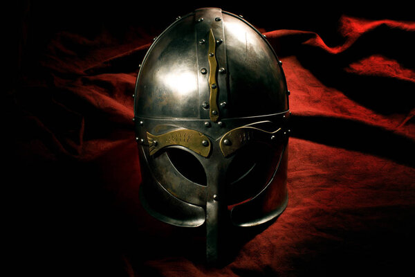 Viking helmet isolated on background a red material