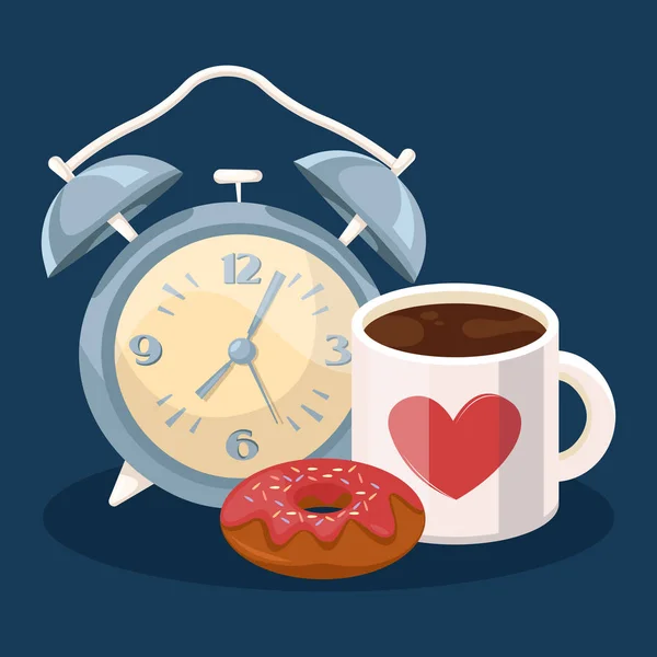 Relógio, café e donut — Vetor de Stock