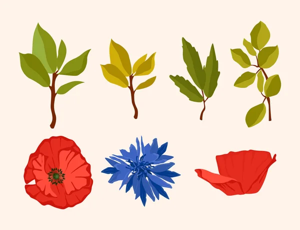 Набор листьев с ветвями и цветами — стоковый вектор
