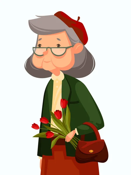 Oude vrouw met bloemen — Stockvector