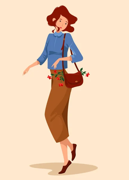 Γυναίκα να στέκεται με λουλούδια σε τσάντα — Διανυσματικό Αρχείο