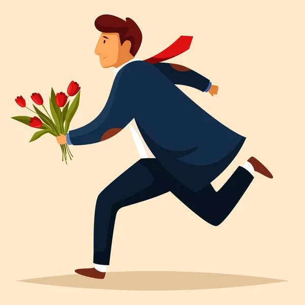 Hombre corriendo con ramo de flores — Vector de stock