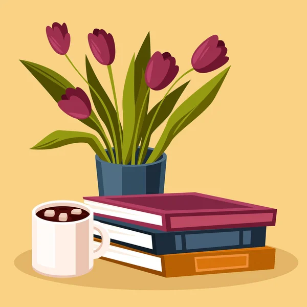 Tulp bloemen met kopje koffie en boeken — Stockvector