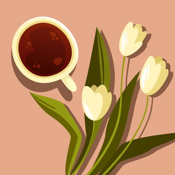 Kopje koffie met tulp bloemen — Stockvector