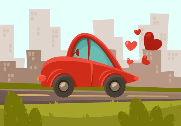 Precioso coche rojo con corazones — Archivo Imágenes Vectoriales