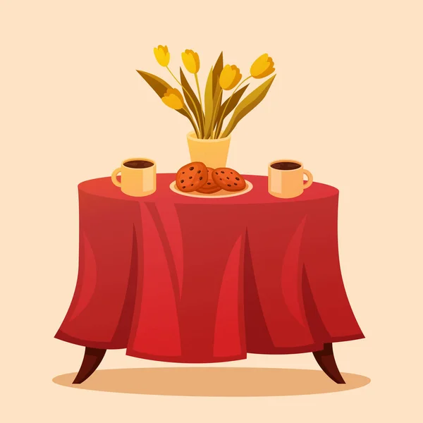 Pěkný Stůl Barevný Ubrus Vázu Květinami Dvěma Šálky Čaje Nebo — Stockový vektor
