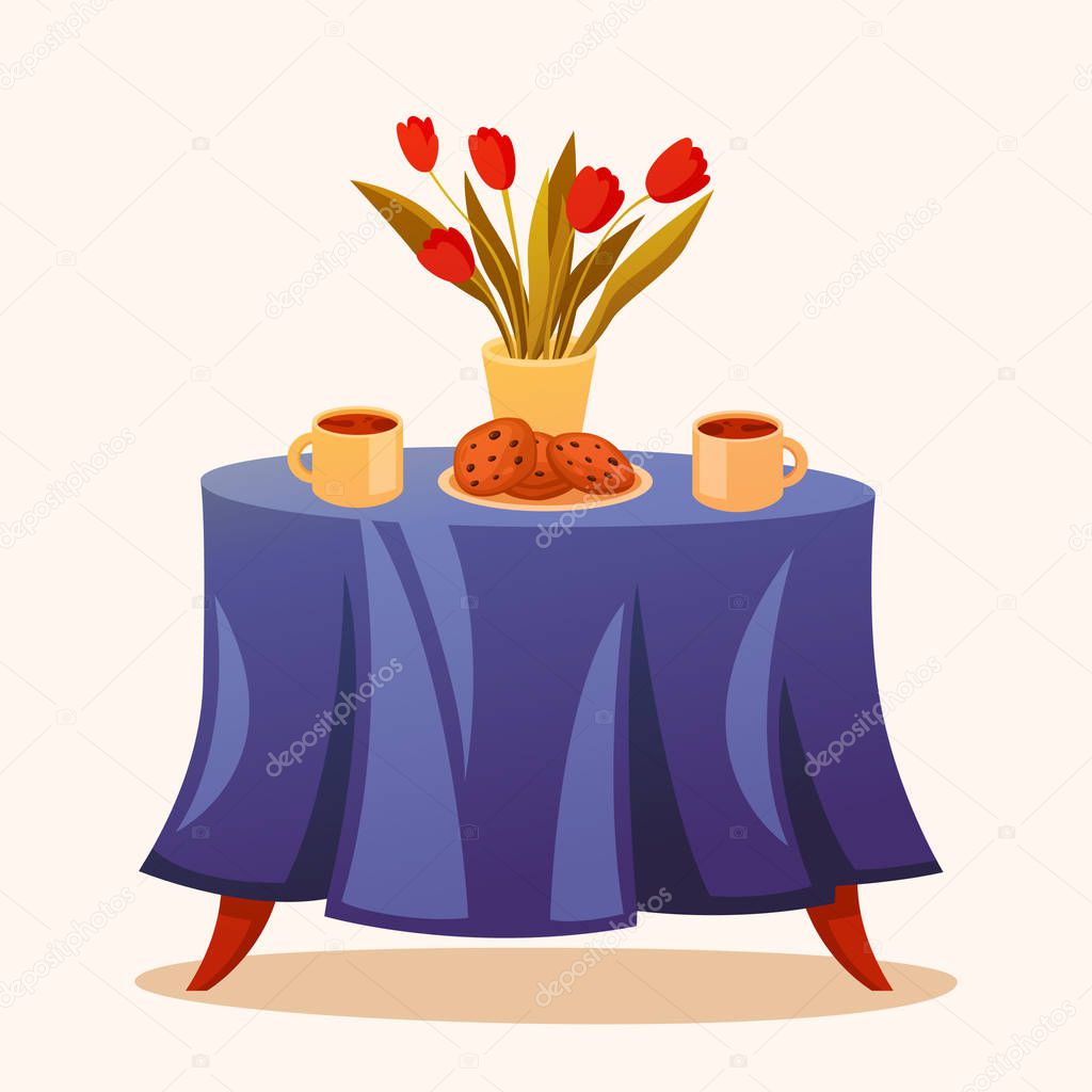 Nice table with colored tablecloth. Vase of flowers with two cups of tea or coffee and biscuits on table. Vector illustration