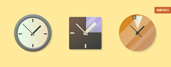 Färgglada Vector Uppsättning Hem Inredningsobjekt Diverse Klockor Gul Vägg — Stock vektor