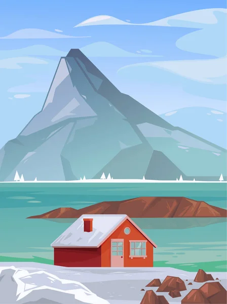 Landscape of a mountain village. Mountains, house, winter. Sea bay. Vector cartoon illustration
