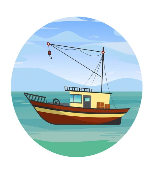 Cute vector illustration of fishing boat. Cartoon style - Stock