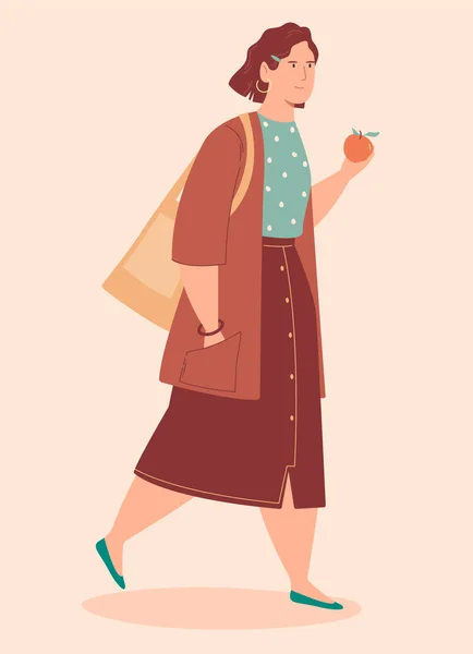 Buena Chica Con Ropa Elegante Camina Come Una Naranja Ilustración — Vector de stock