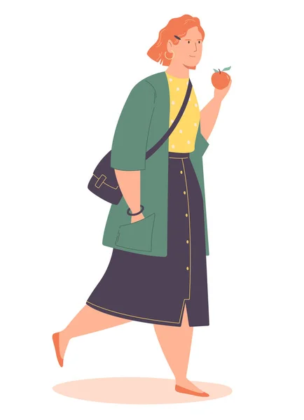 おしゃれな服を着た素敵な女の子が歩いてオレンジを食べます 漫画のベクターイラスト キャラクターデザイン — ストックベクタ