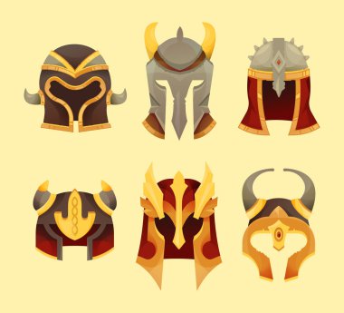 Şirin vektör fantezi kaskları. Hazır ol. Çizgi film oyun illüstrasyonu