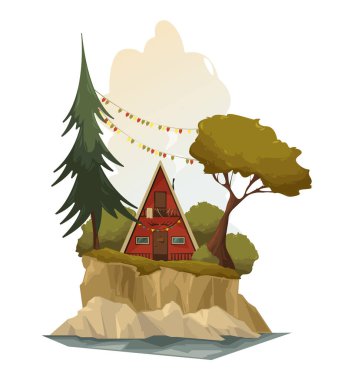 Ormanda nehir kenarındaki küçük şirin ahşap ev. Norveç kırmızı evi. Vektör karikatür çizimi