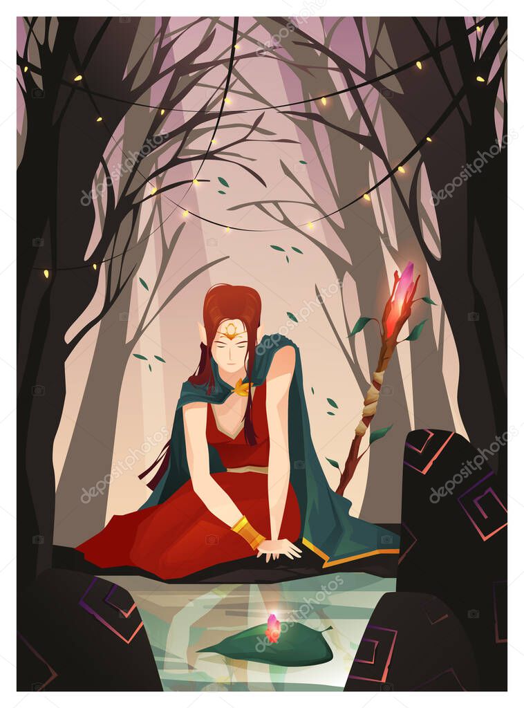  Magic vector illustration of an elf on the river. Fairy Princess, magic staff. Fairy-tale picture. Character design.