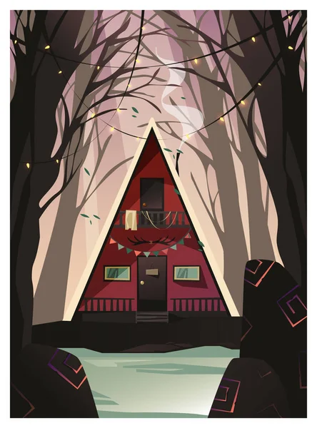Ilustrace Roztomilého Trojúhelníkového Domu Lese Chata Lesního Nebo Loveckého Kreslený — Stockový vektor
