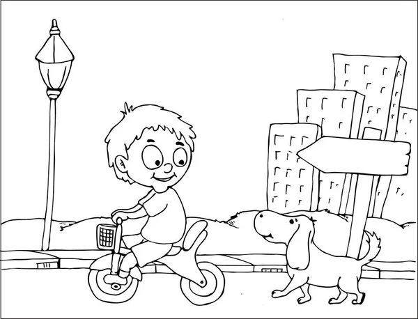 Хлопчик Їде Велосипеді Розмальовка — стоковий вектор