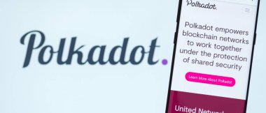 KIEV, UKRAINE - MARCH 3, 2020: Polkadot network website displayed on smartphone screen. Polkadot is a  multichain technology and protocol that allows independent blockchains to exchange information