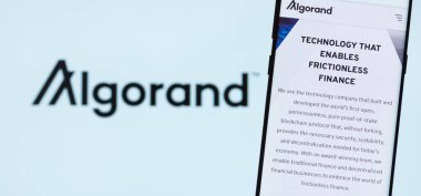 KIEV, UKRAINE - MARCH 3, 2020: Algorand  cryptocurrency website displayed on smartphone screen. Algorand  ( Algo ) is a scalable, secure and decentralized digital currency