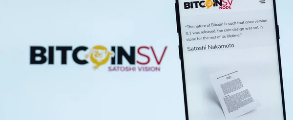 Киев Украина Апреля 2020 Года Сайт Bitcoin Satoshi Vision Отображается Лицензионные Стоковые Фото