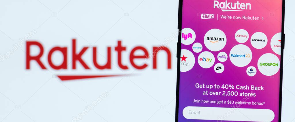 KIEV, UKRAINE - APRIL 2, 2020: Rakuten website displayed on smartphone screen. Rakuten Inc. is a Japanese electronic commerce and online retailing company