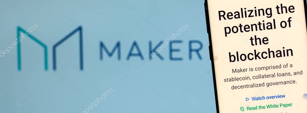 KIEV, UKRAINE - APRIL 2, 2020: MAKER ( MKR ) cryptocurrency  website displayed on the smartphone screen.