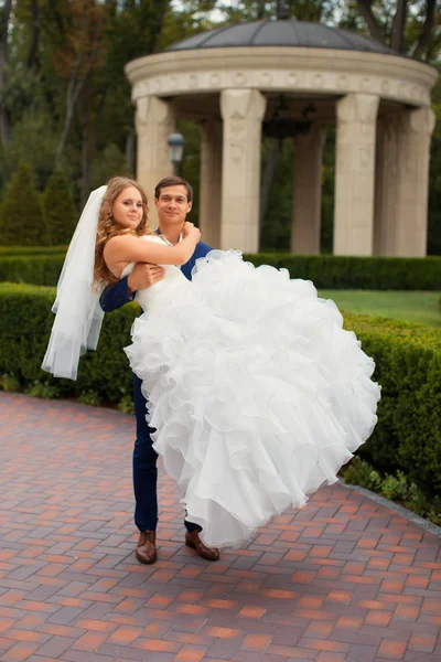 Recém-casados em um passeio no campo — Fotografia de Stock