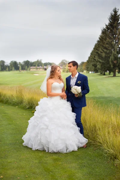 Nygifta på en promenad på landsbygden — Stockfoto