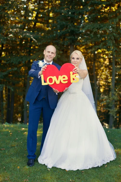 Gli sposi stanno tenendo un cuore rosso — Foto Stock