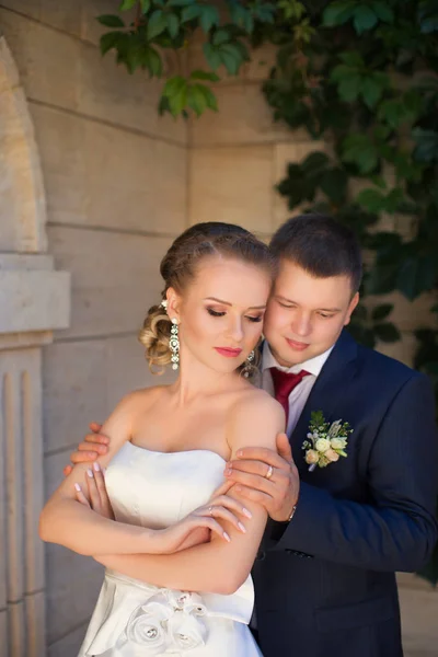 The groom gently hugged the bride on the street — Stock Photo, Image