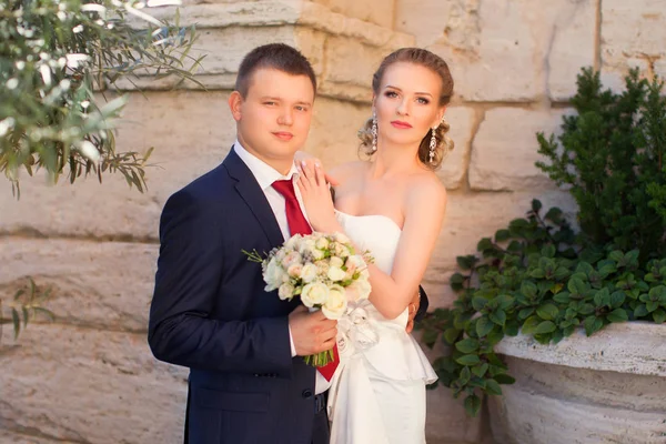 The groom gently hugged the bride on the street — Stock Photo, Image