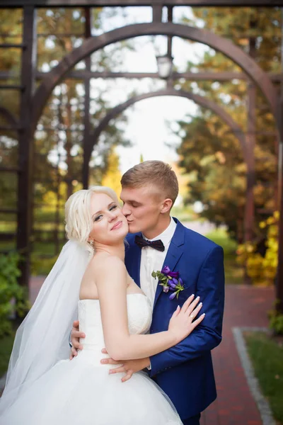 Lo sposo abbraccia dolcemente le spalle della sposa — Foto Stock