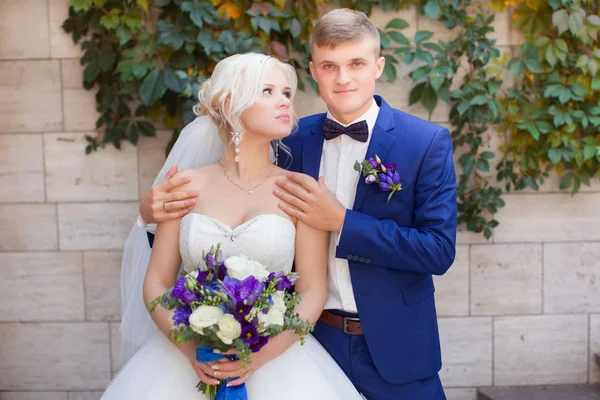 The groom gently hug the bride's shoulders — Stock Photo, Image