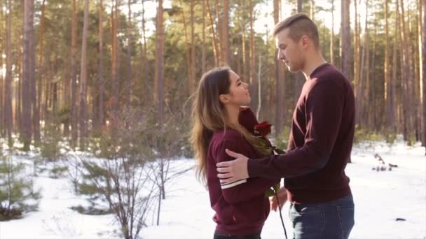 Happy couple in winter forest.Full hd video — Stock Video