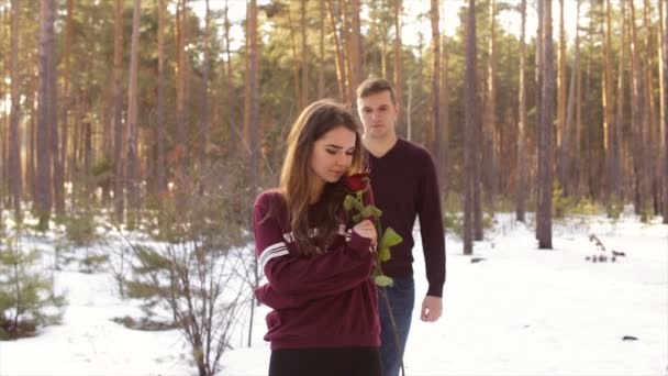 Szczęśliwa para w zimowym lesie. Pełny hd wideo — Wideo stockowe