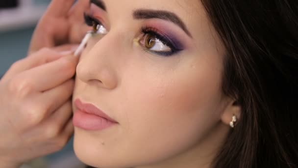 Maquillaje artista haciendo maquillaje, cara de primer plano — Vídeos de Stock