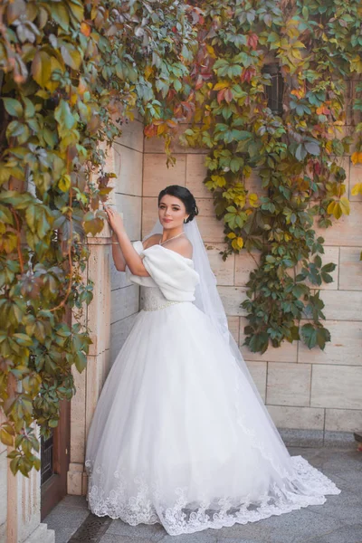 A stylish bride stands by the brick wall — Stock Photo, Image