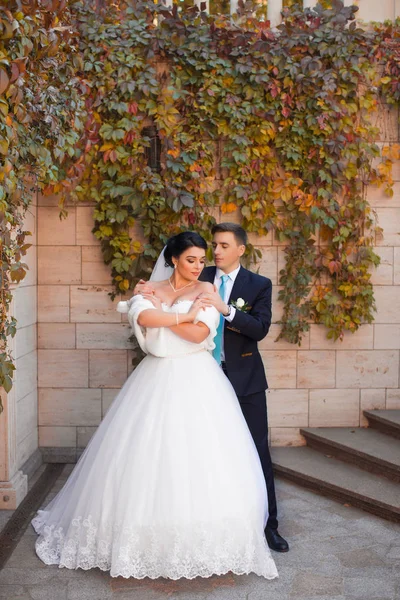 Brudgummen omfamnade ömt bruden i axlarna — Stockfoto