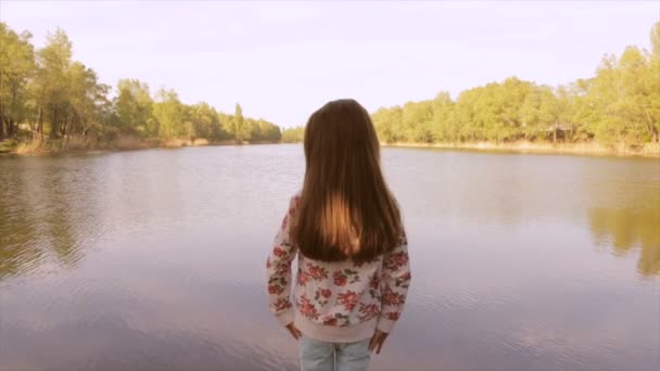 Het meisje kijkt naar de meren met haar handen op haar taille — Stockvideo