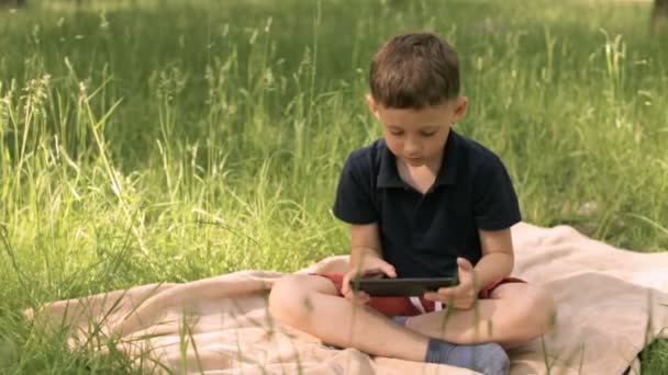 Garoto com tablet no parque em um prado — Vídeo de Stock