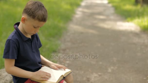 Un ragazzo con un libro nel parco al centro commerciale — Video Stock