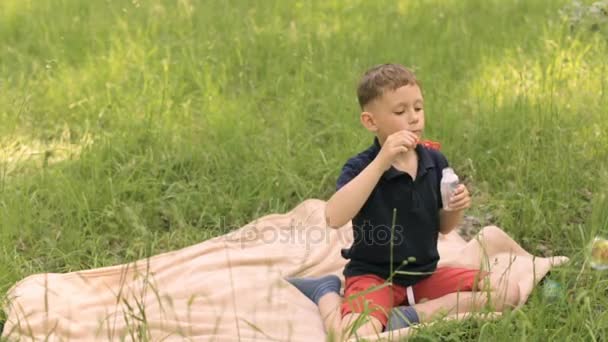 Junge im Park spielt mit Seifenblasen — Stockvideo