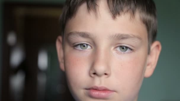 Retrato infantil, chico mira a la cámara — Vídeos de Stock