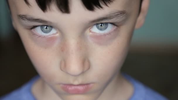 Retrato infantil, chico mira a la cámara — Vídeos de Stock