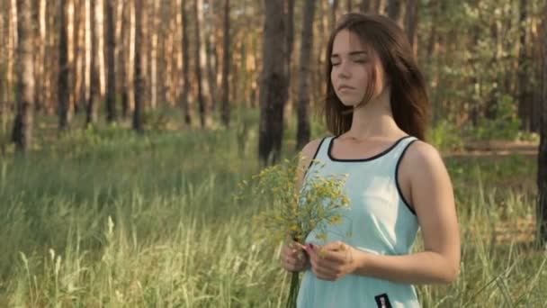 Menina com um buquê de flores silvestres na floresta — Vídeo de Stock