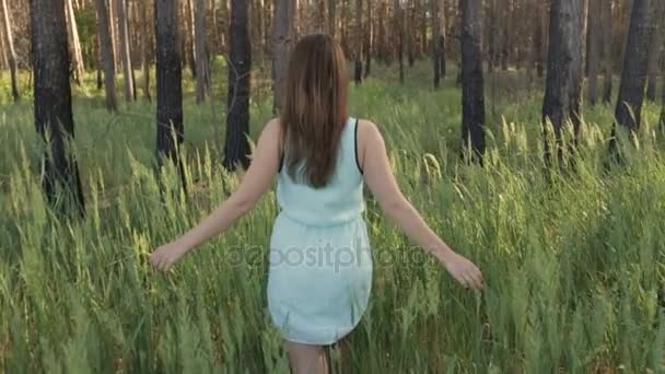 Girl with a bouquet of wild flowers in the forest — Stock Video