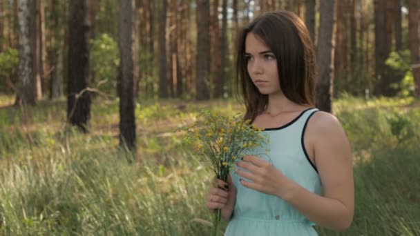 Menina com um buquê de flores silvestres na floresta — Vídeo de Stock