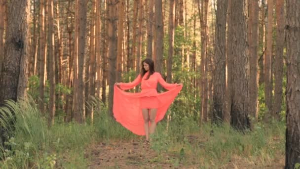 Fille en robe de soirée en couleur rouge dans la forêt — Video