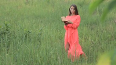 Bir kitap okuma bir çayırda bir akşam elbiseli bir kız